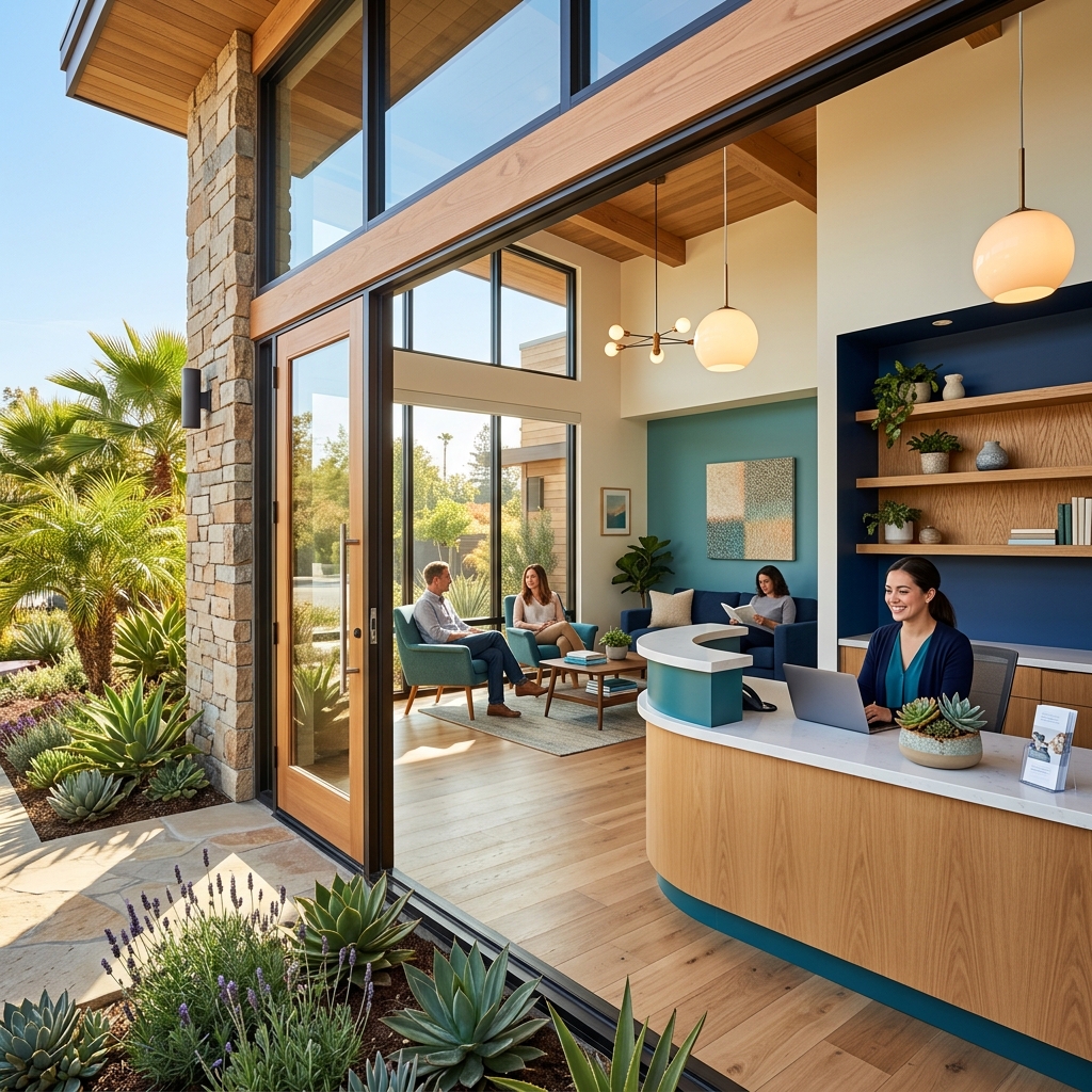 Modern mental health clinic reception area in California
